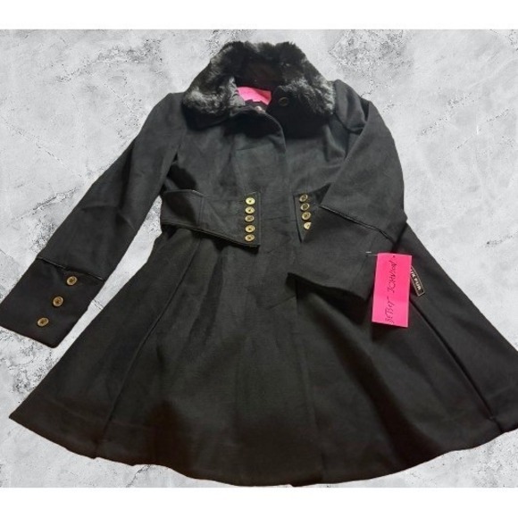 Betsey Johnson Womens Black Wool Blend Faux Fur Collar Corset Waist Coat Large - Picture 3 of 7